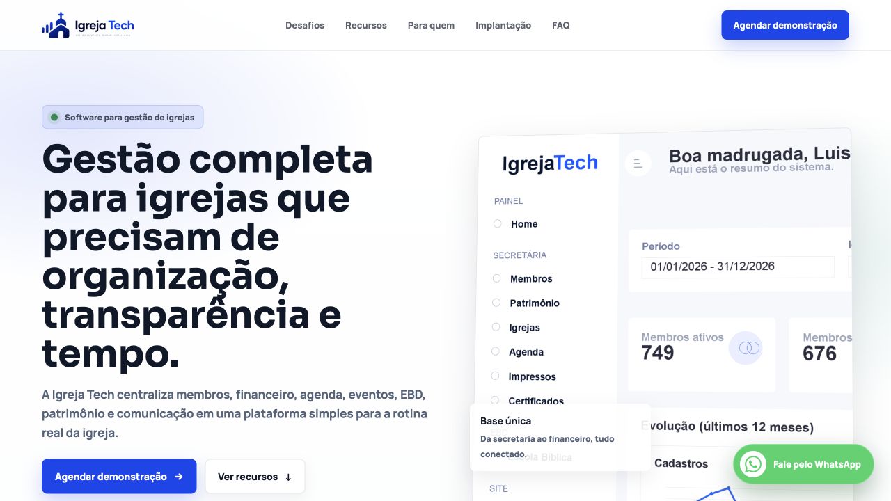 Dashboard do produto Igreja Tech